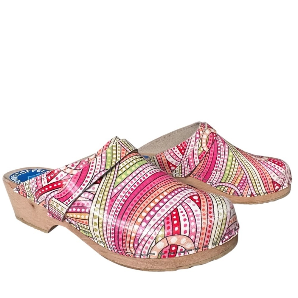 Torpatoffeln Kosmic MulticolorWooden Leather Comfort Swedish Clogs Size 7.5